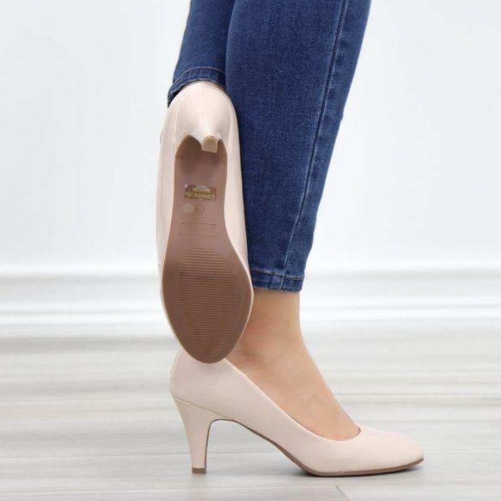 Nude Paten Round Toe Kitten Low Heels Pumps - Picture 7 of 11